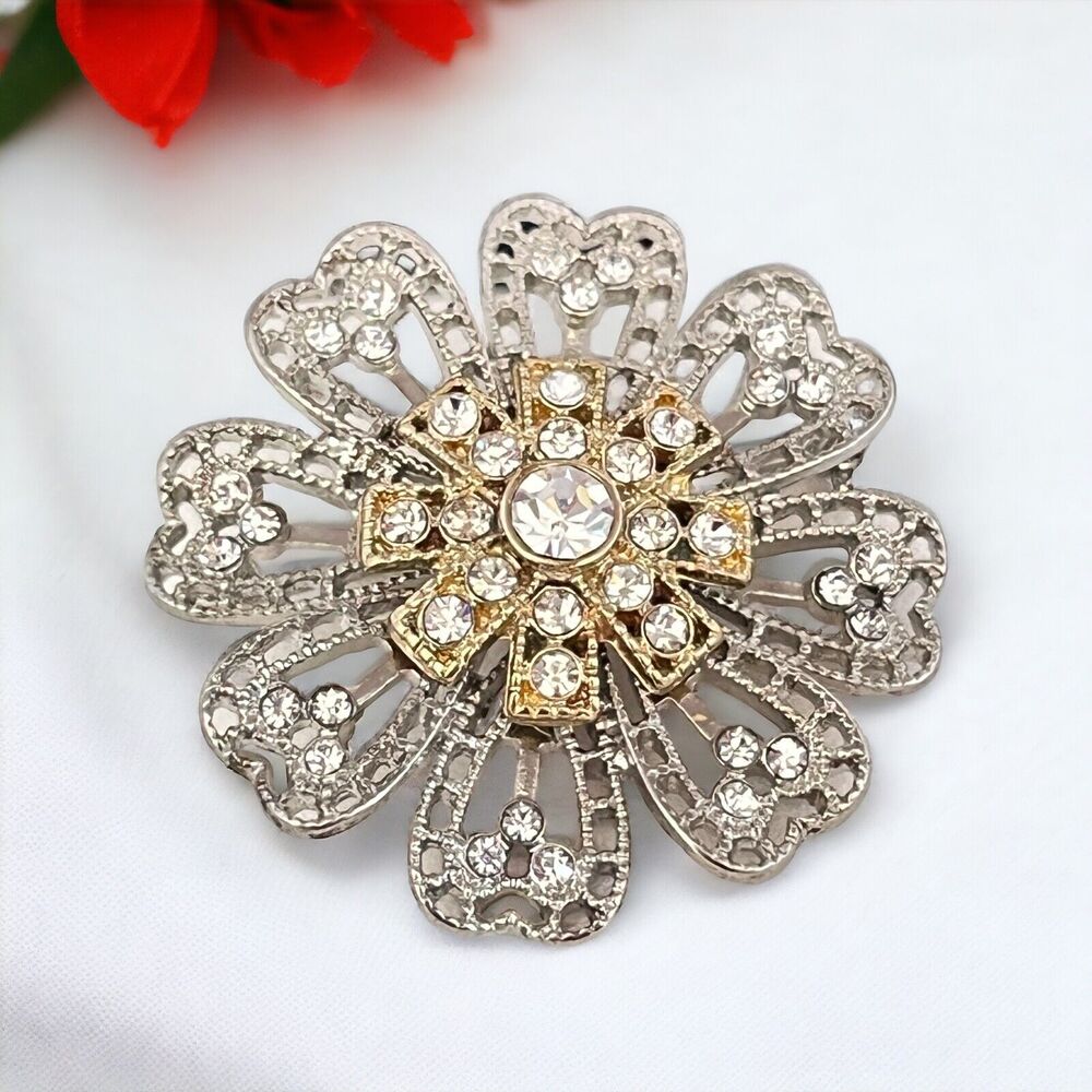 New Floral Pin Silver & Gold Design With Clear Crystals - 2G